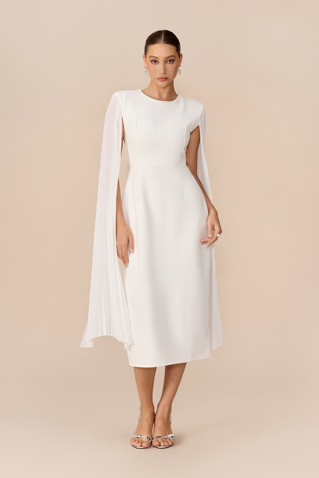 Terylene Pleated Cape Sleeve Midi Dress - 2