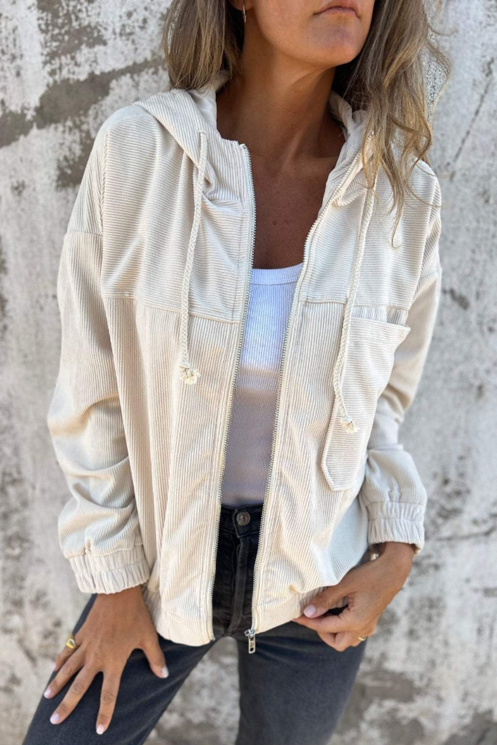 Corduroy Zip-Up Hooded Jacket with Relaxed Fit - 2