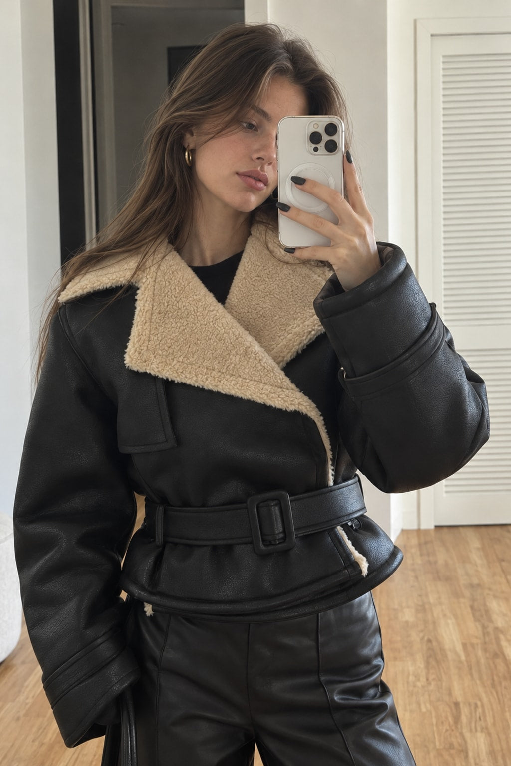 Faux Leather Flight Jacket With Plush Lining - 2
