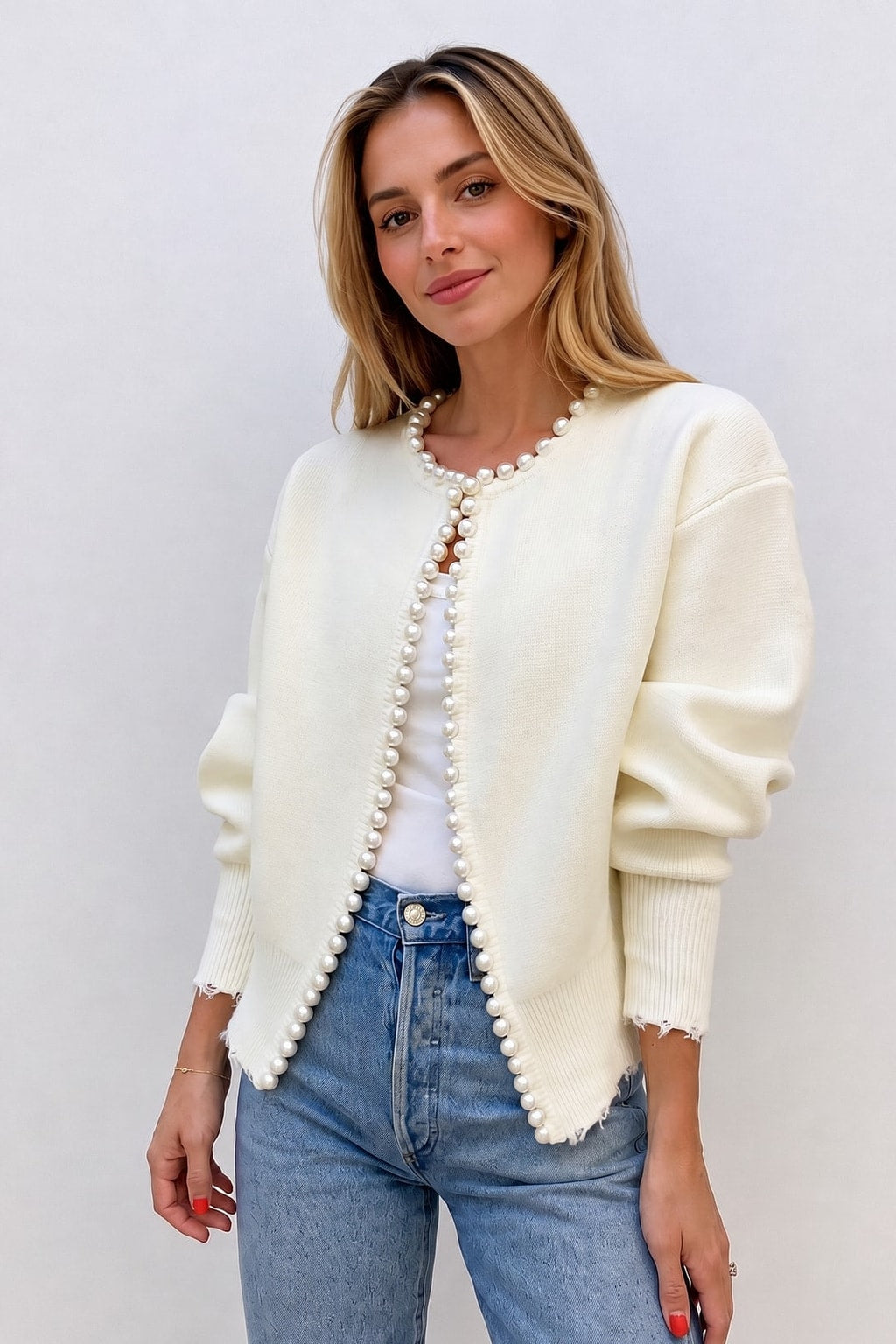 White Knit Cardigan With Pearl Trim - 2