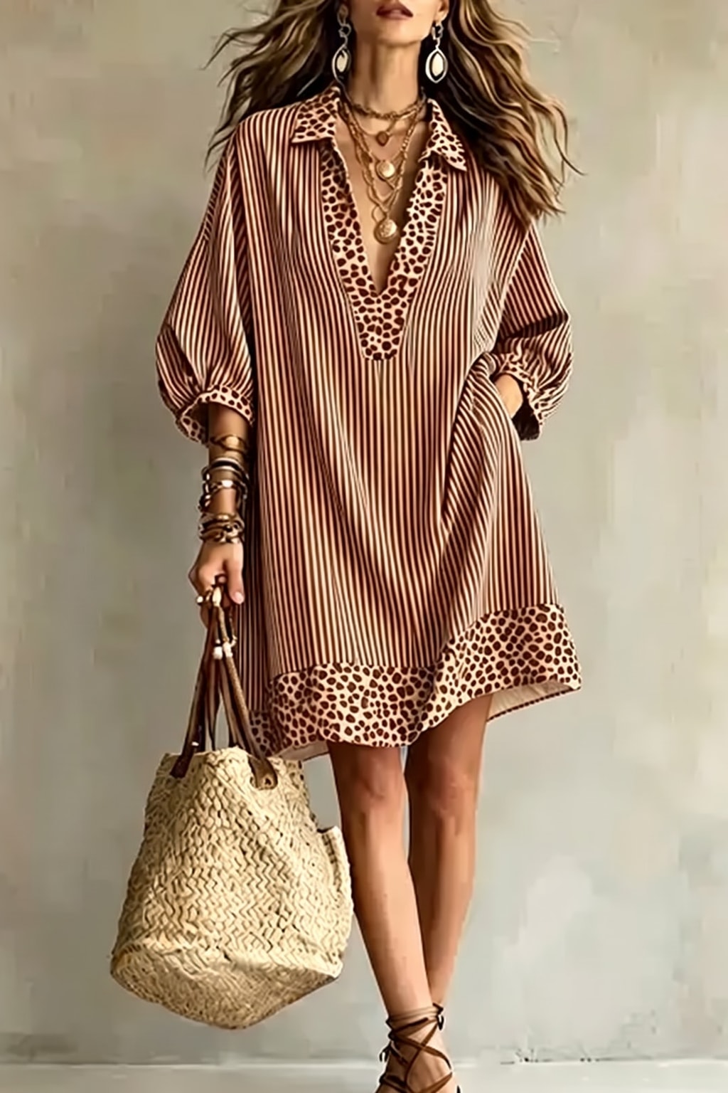 Effortless Polyester Striped Contrast Mini Dress With Pockets - 2