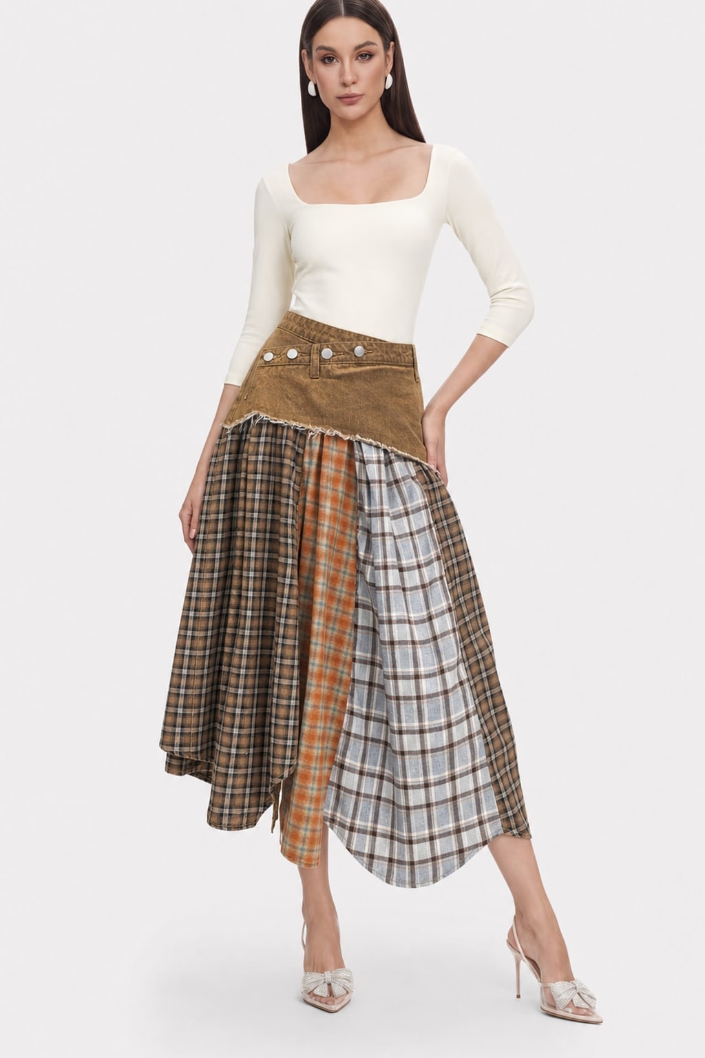 Denim Patchwork Asymmetrical Skirt - 2