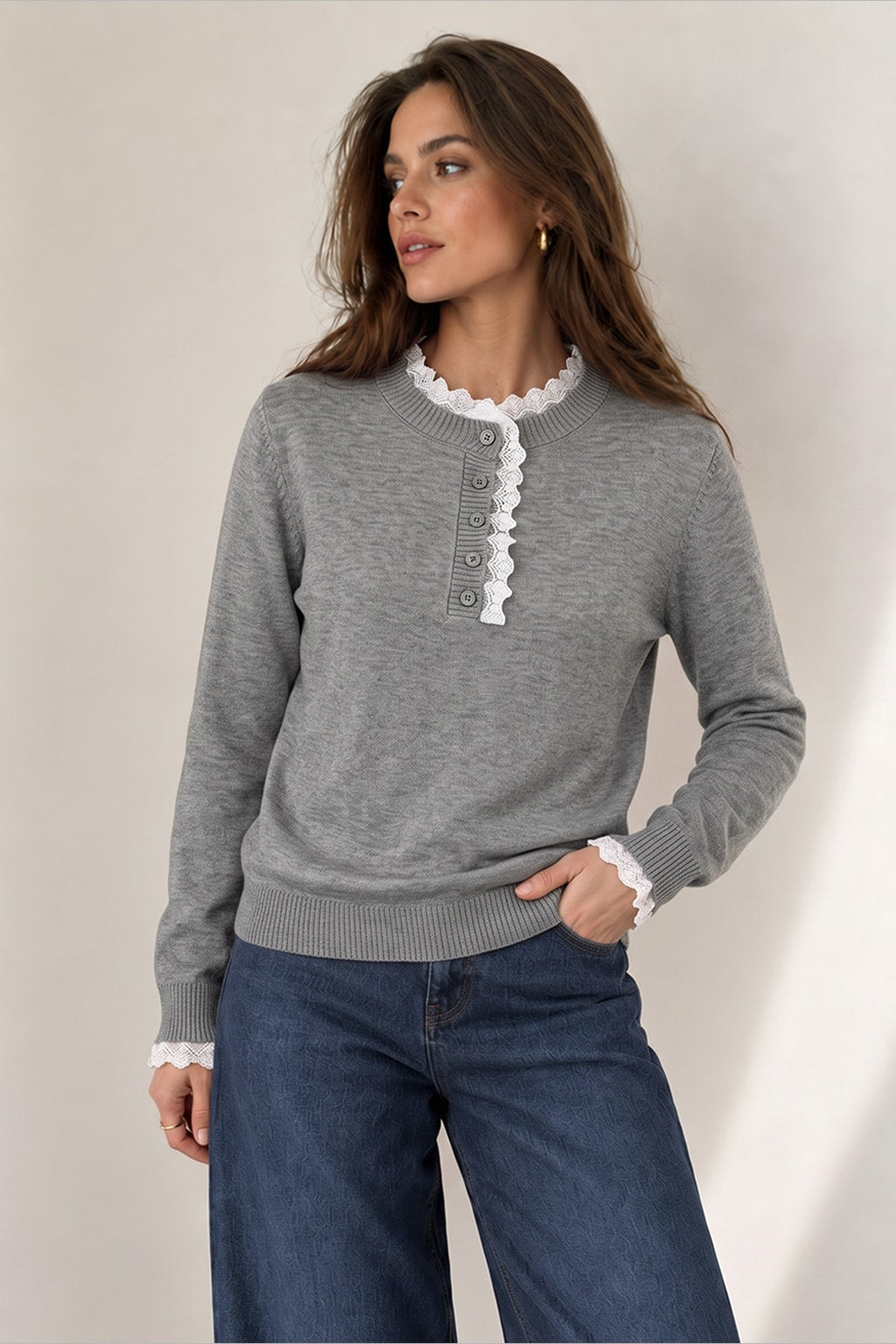 Knit Henley Sweater With Lace Trim Neckline - 2