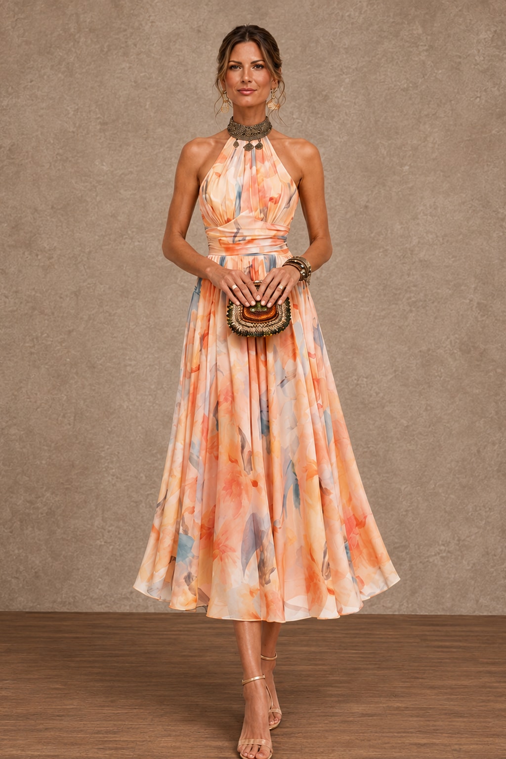 Elegant Watercolor Print Halter Maxi Dress - 2
