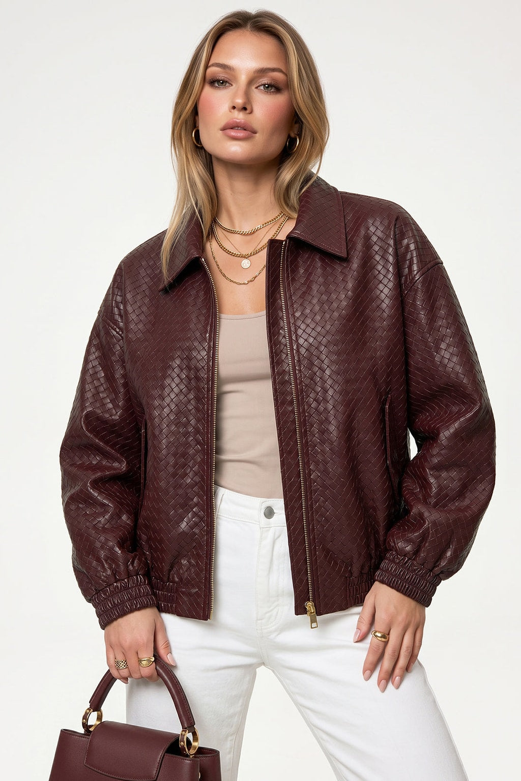 Faux Leather Bomber Jacket in Burgundy - 2