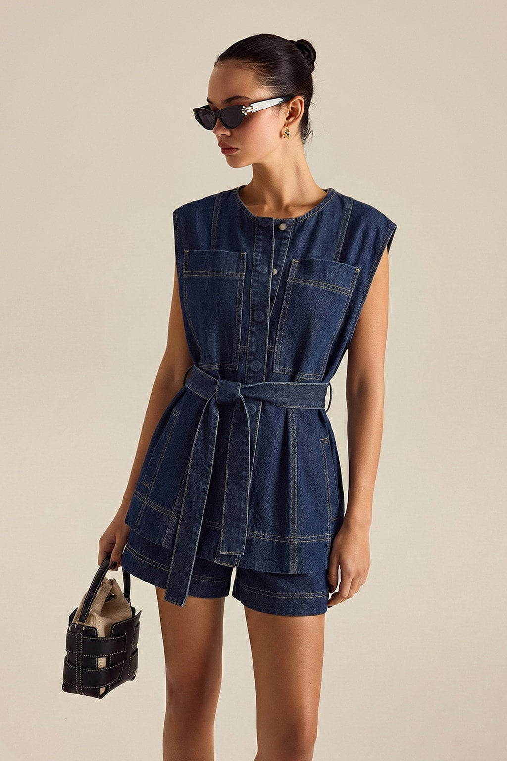 Denim Belted Vest And Shorts Set - 2