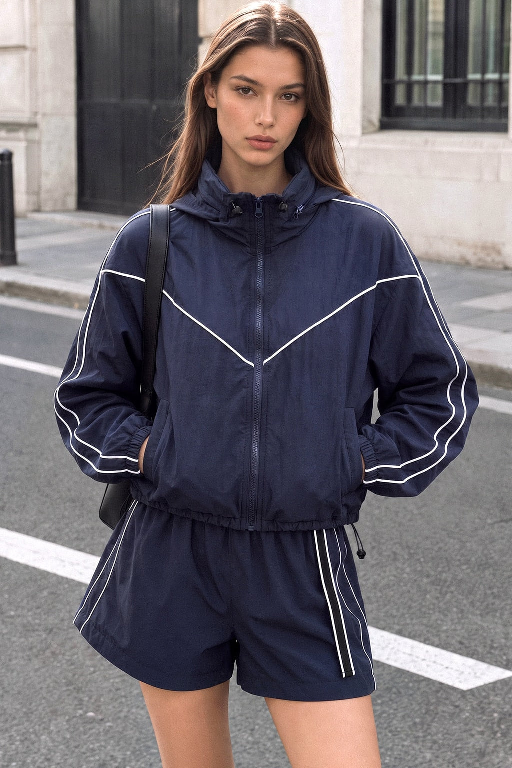 Navy Woven Two-Piece Short Set With Hidden Hood - 2