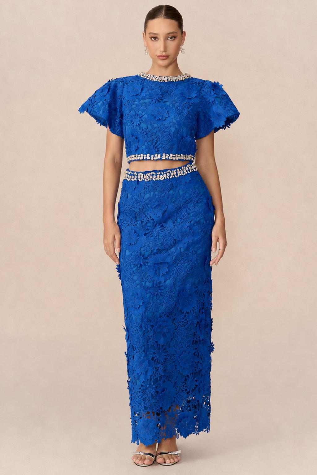 Lace Rhinestone Crop Top And Midi Skirt Set - 2