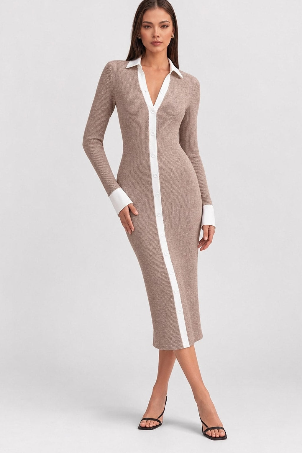 Elegant Khaki Knit Patchwork V-Neck Midi Dress - 2