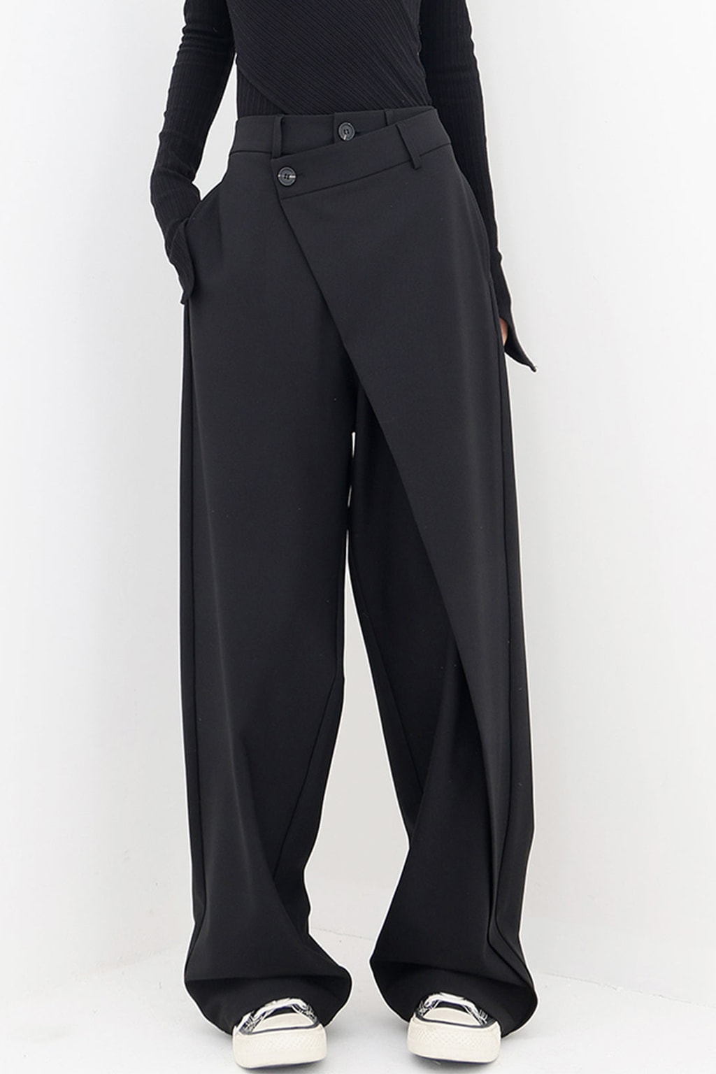 Woven Wide Leg Dress Pants With Asymmetrical Button Layer - 2