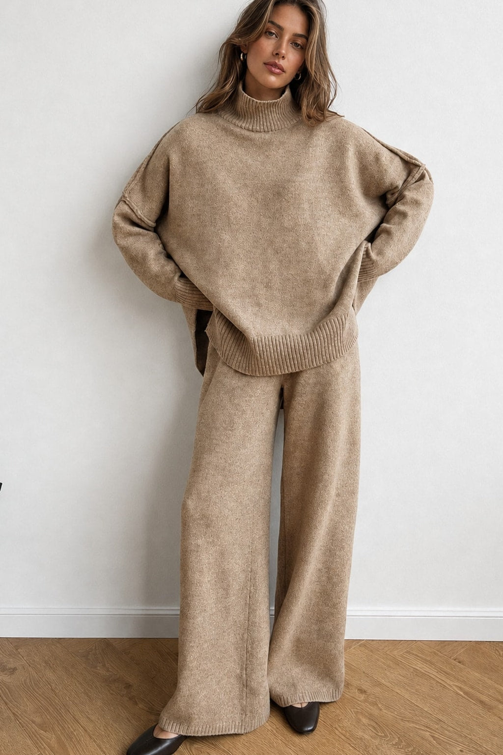 Knit Turtleneck Oversized Two-Piece Pant Set - 2