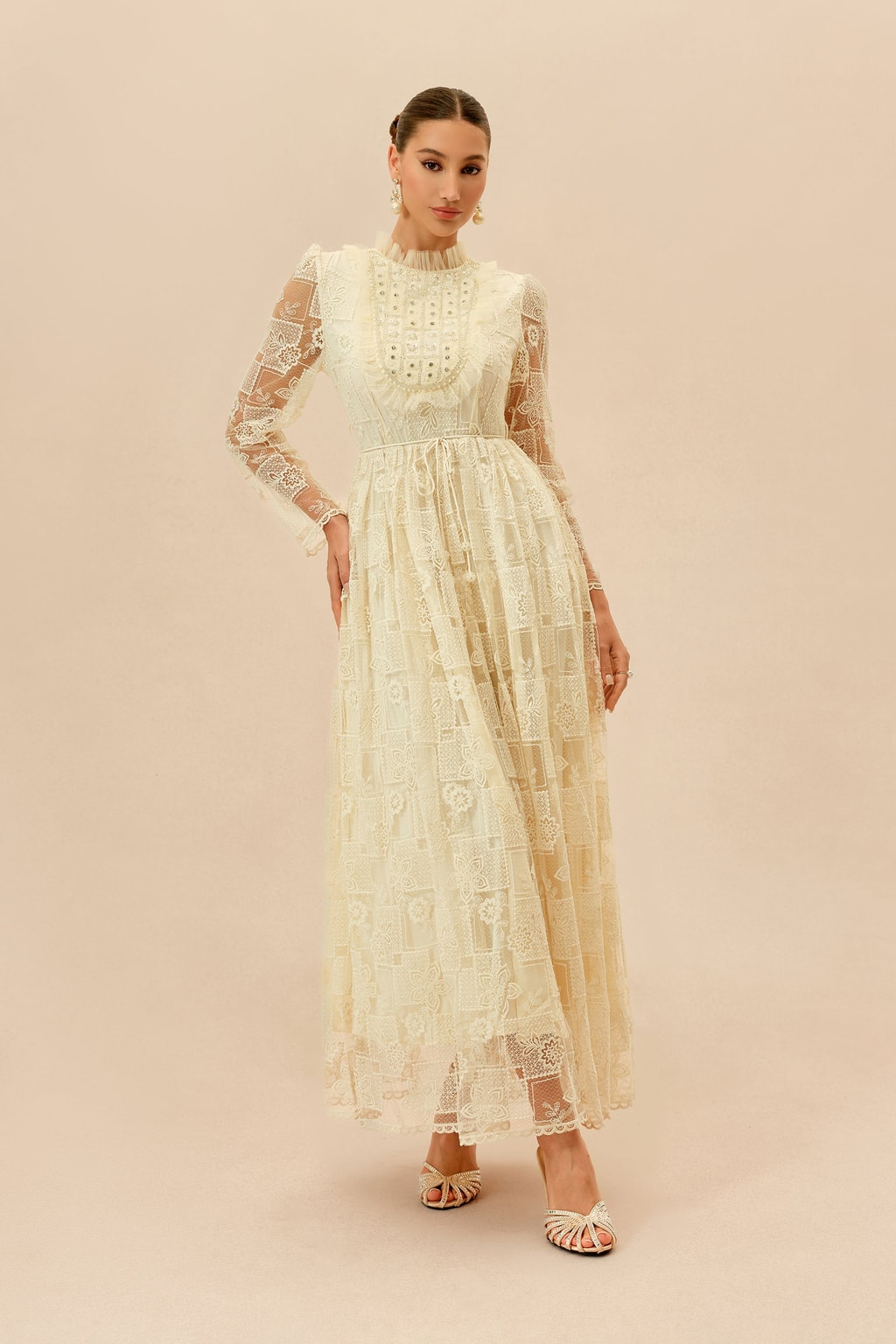 Floral Lace Maxi Dress With Drawstring Waist - 2