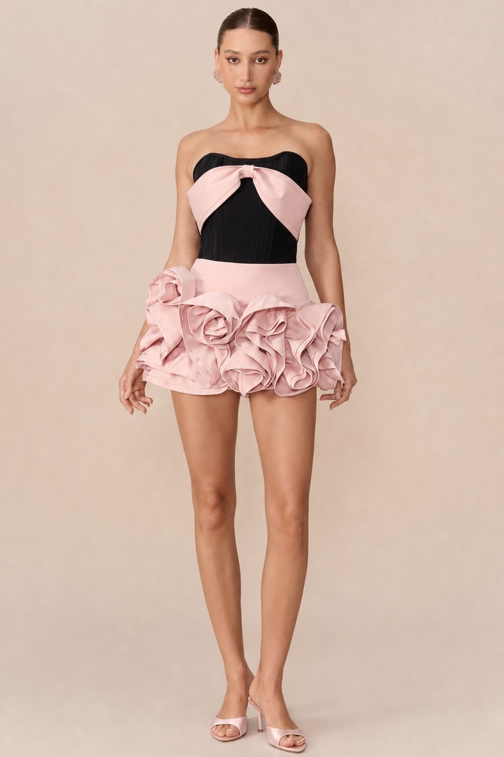 Terylene Bow-Front Corset Top And Floral Mini Skirt Set - 2