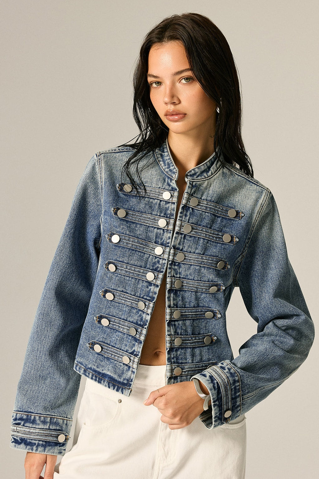 Denim Jacket With Mandarin Collar - 2