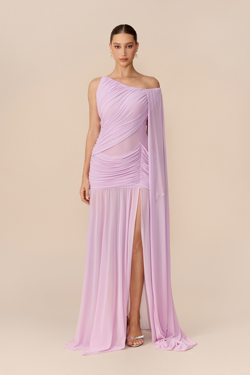 Mesh Maxi Dress With Asymmetric Cape Sleeve - 2