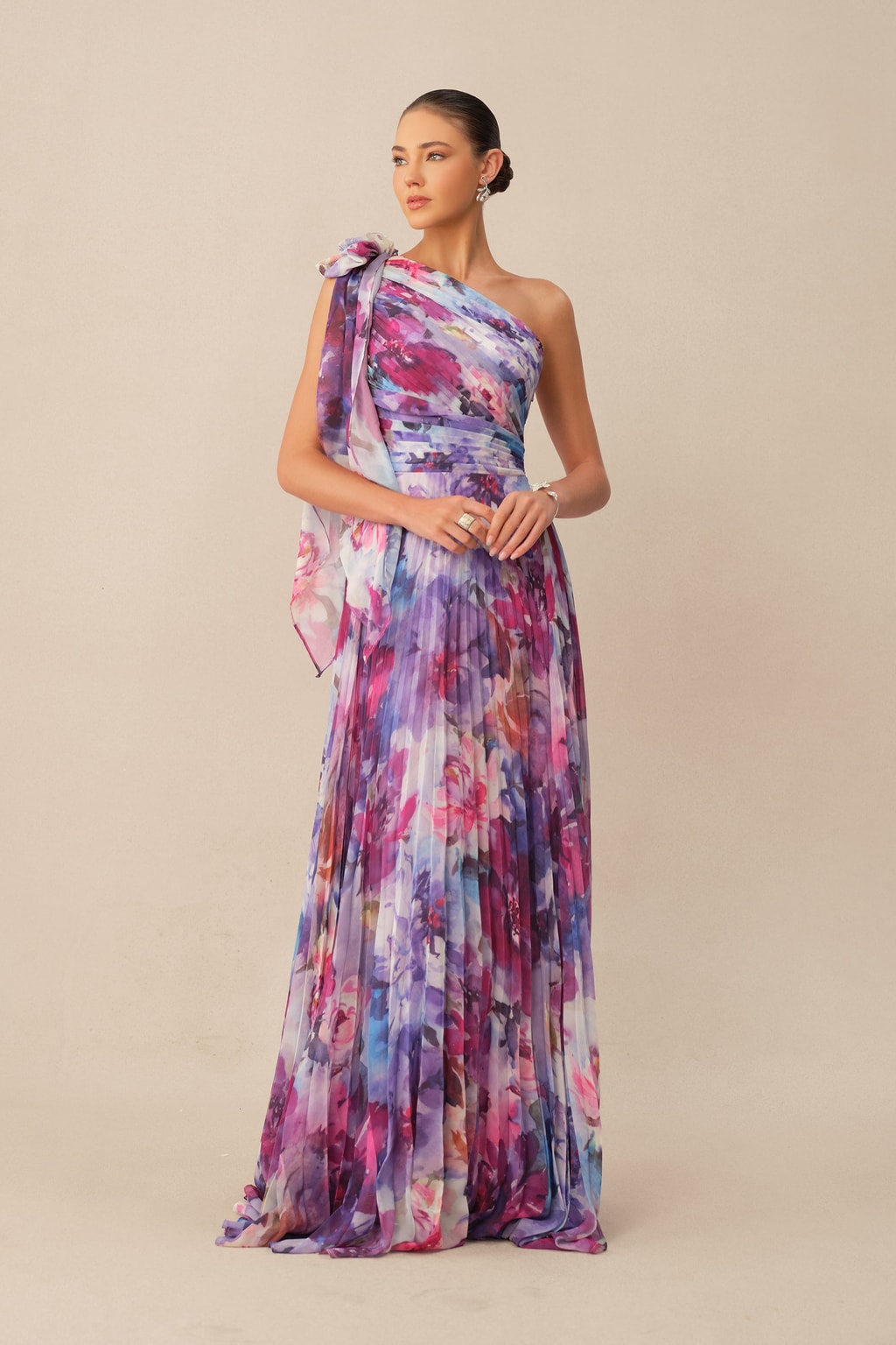 Purple Floral One-Shoulder Maxi Dress With Pleated Chiffon Skirt - 2