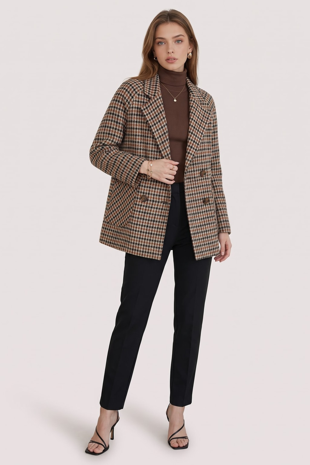 Elegant Brown Houndstooth Oversized Double-Breasted Blazer - 2