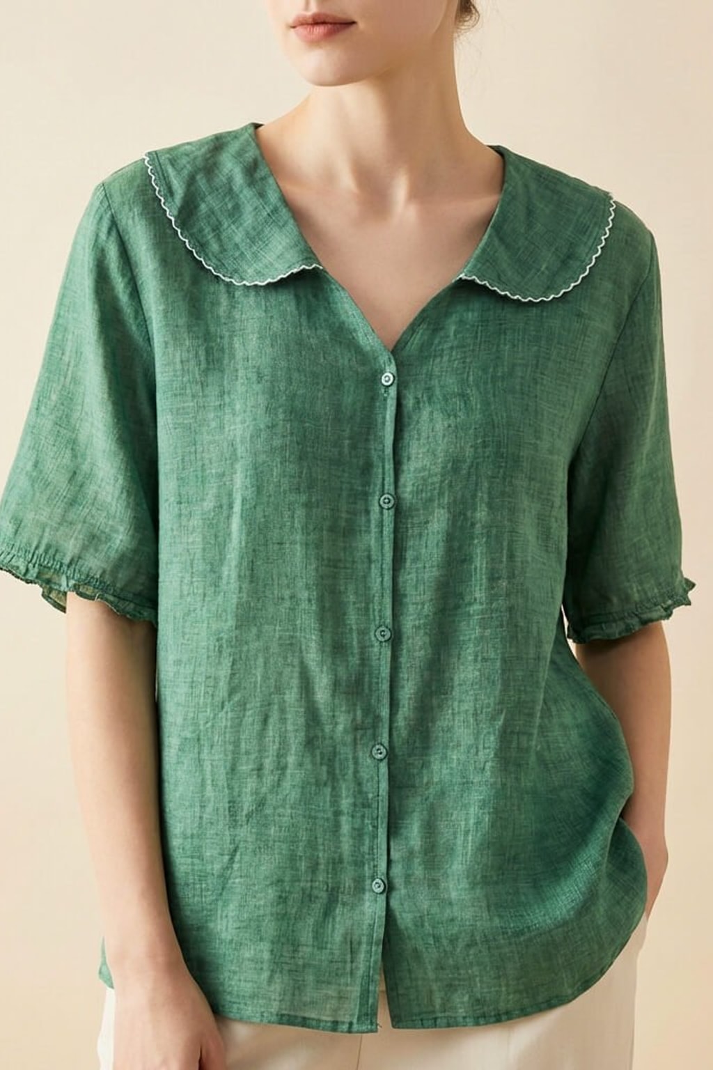 Effortless Cotton Linen Blouse With Scalloped Collar Detail - 2