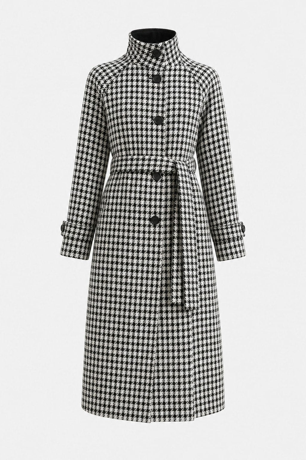 Tweed Houndstooth Belted Long Trench Coat - 2