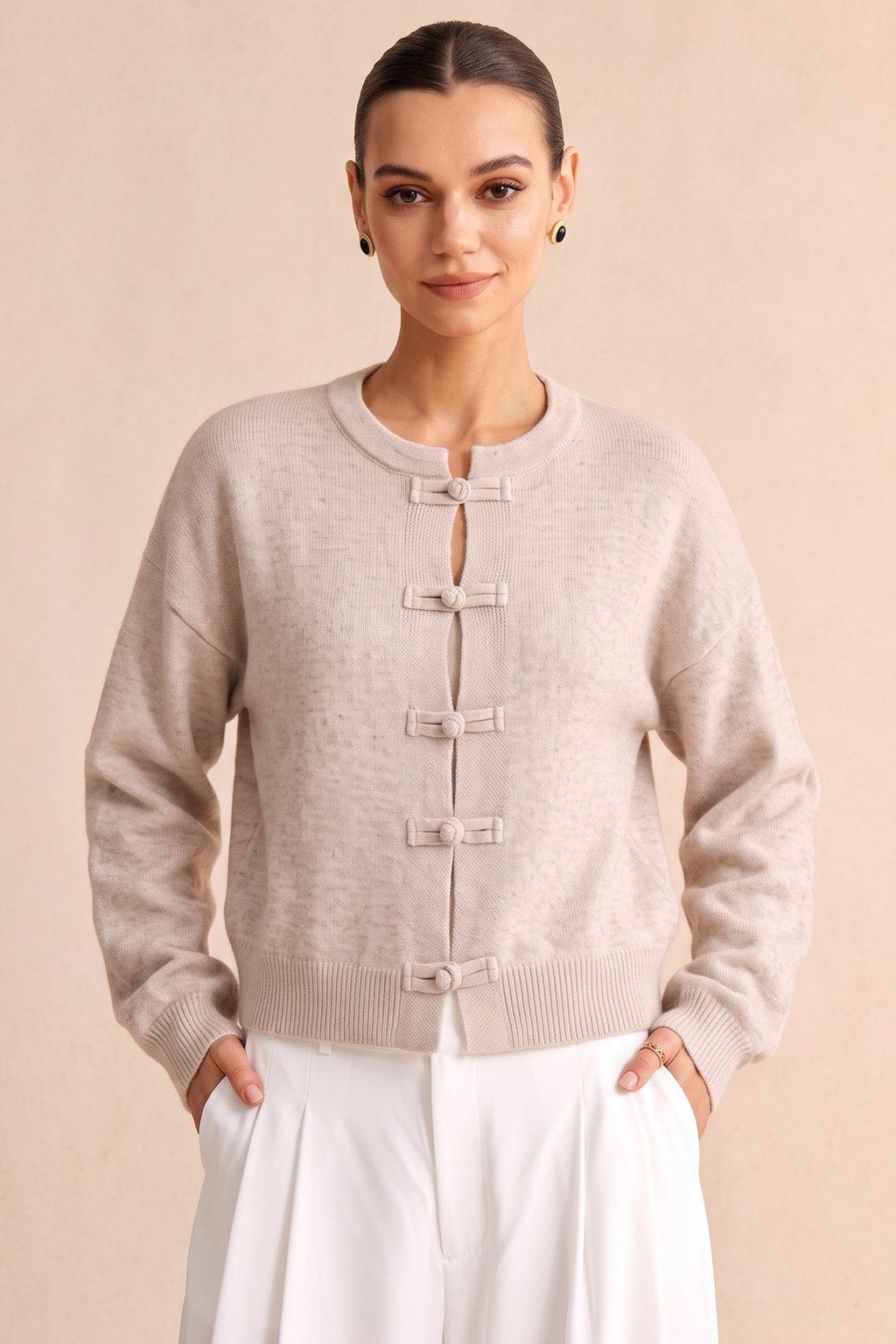 Beige Knit Round-Neck Frogging Cardigan - 2