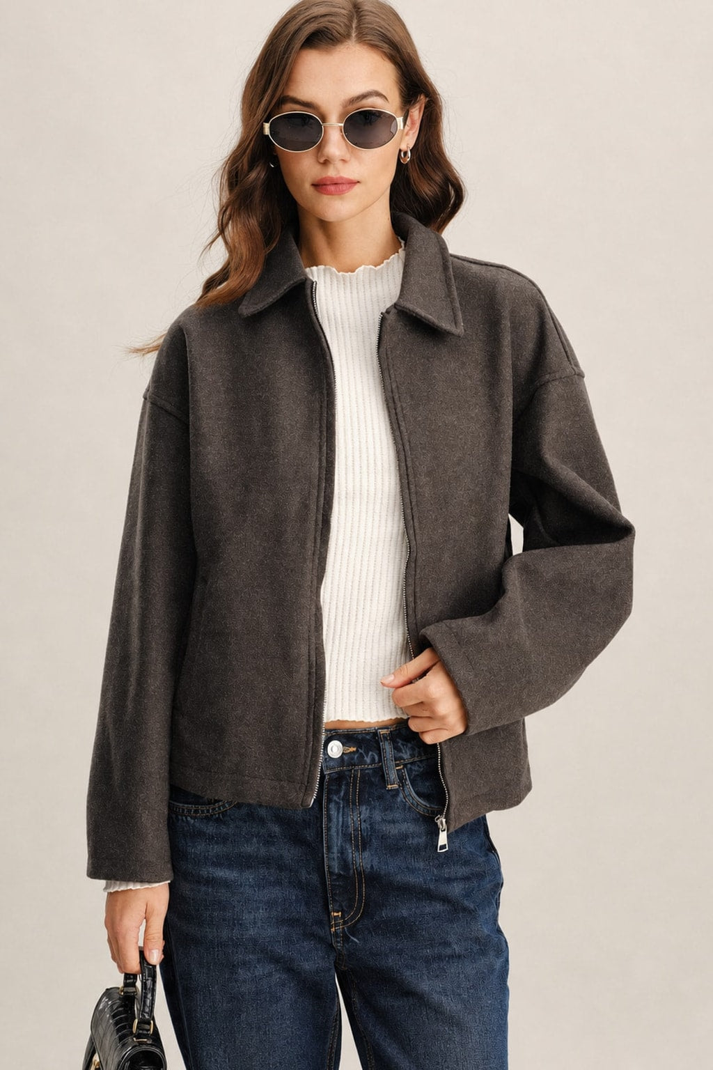 Polyester Zip Jacket with Pockets In Coffee - 2