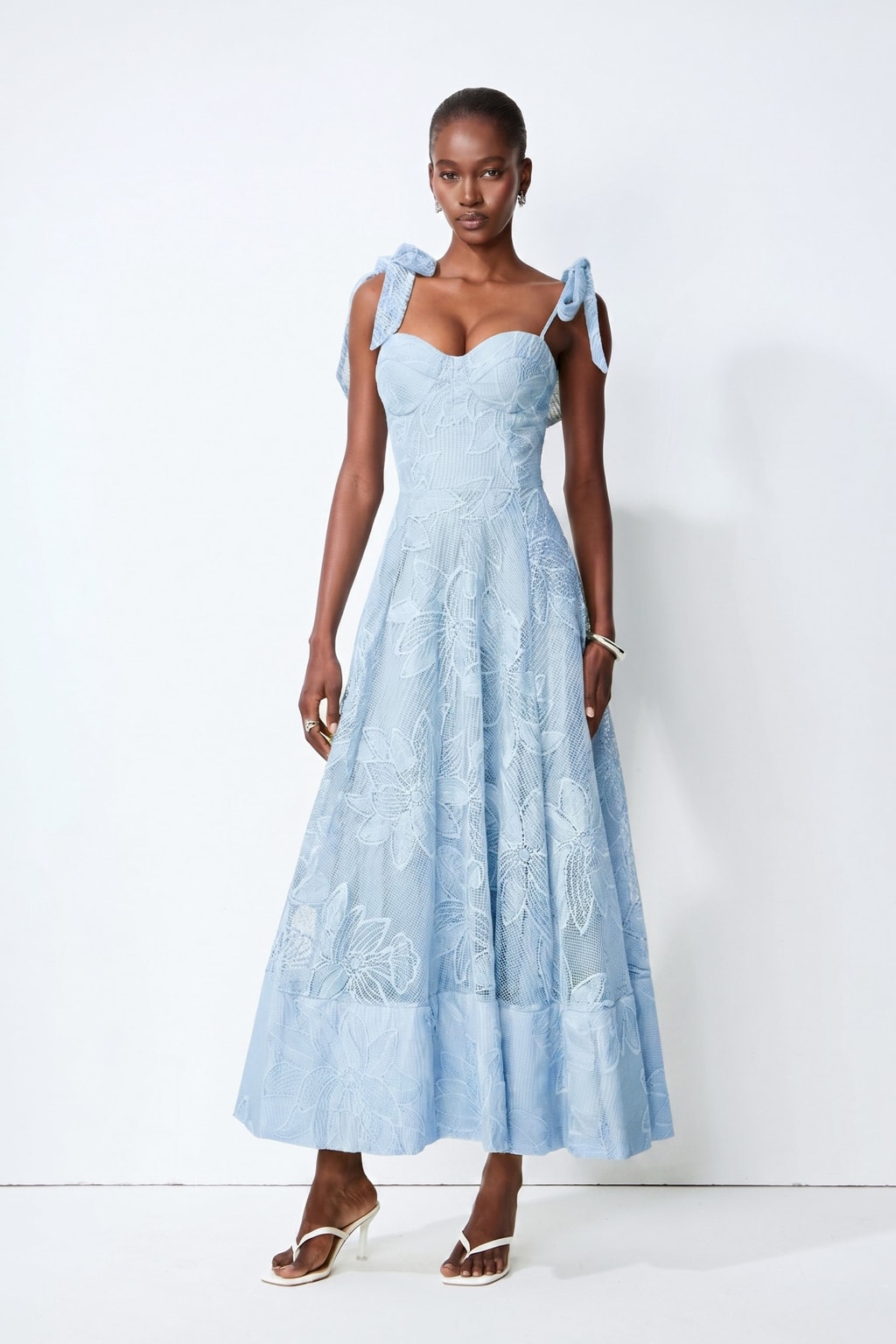 Blue Floral Lace Maxi Dress With Bow-Strap Detail - 2