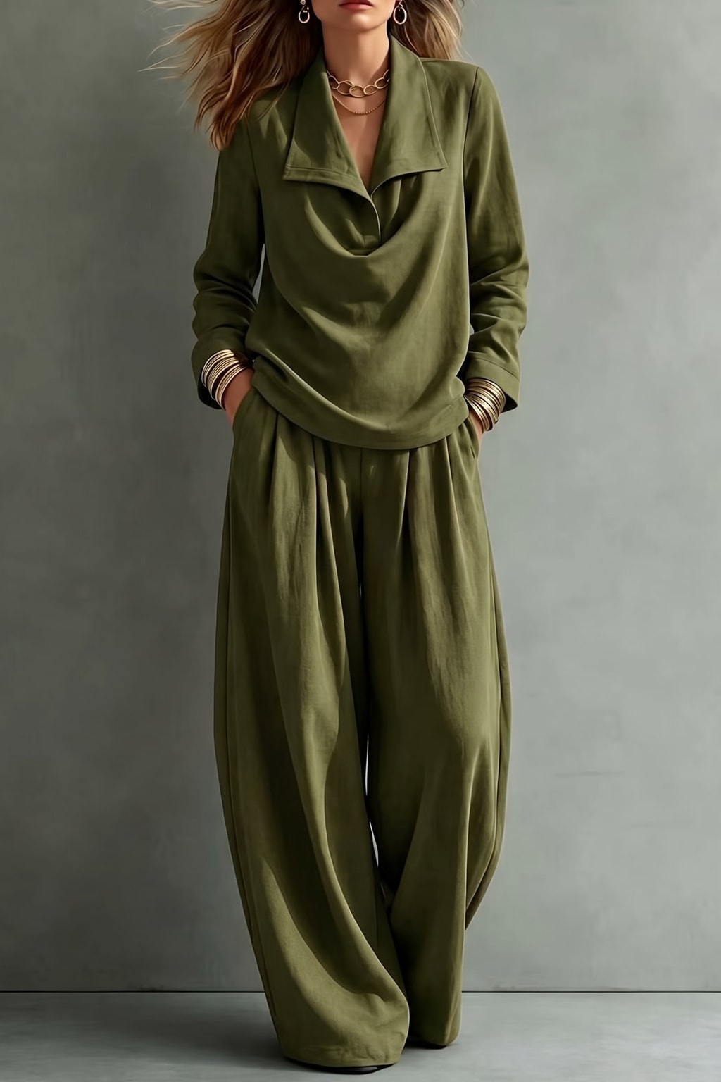 Effortless Polyester Lapel Blouse and Wide-Leg Trouser Two-Piece Set - 2