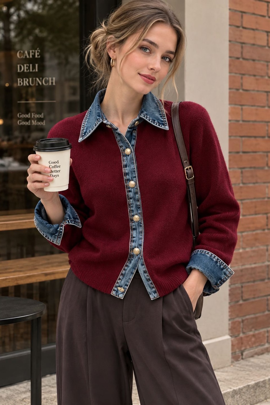 Denim Knit Patchwork Button Cardigan - 2