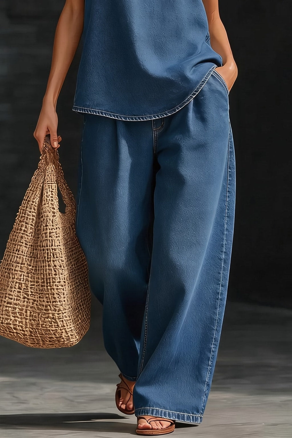Denim Wide Leg Pants With Pockets - 2