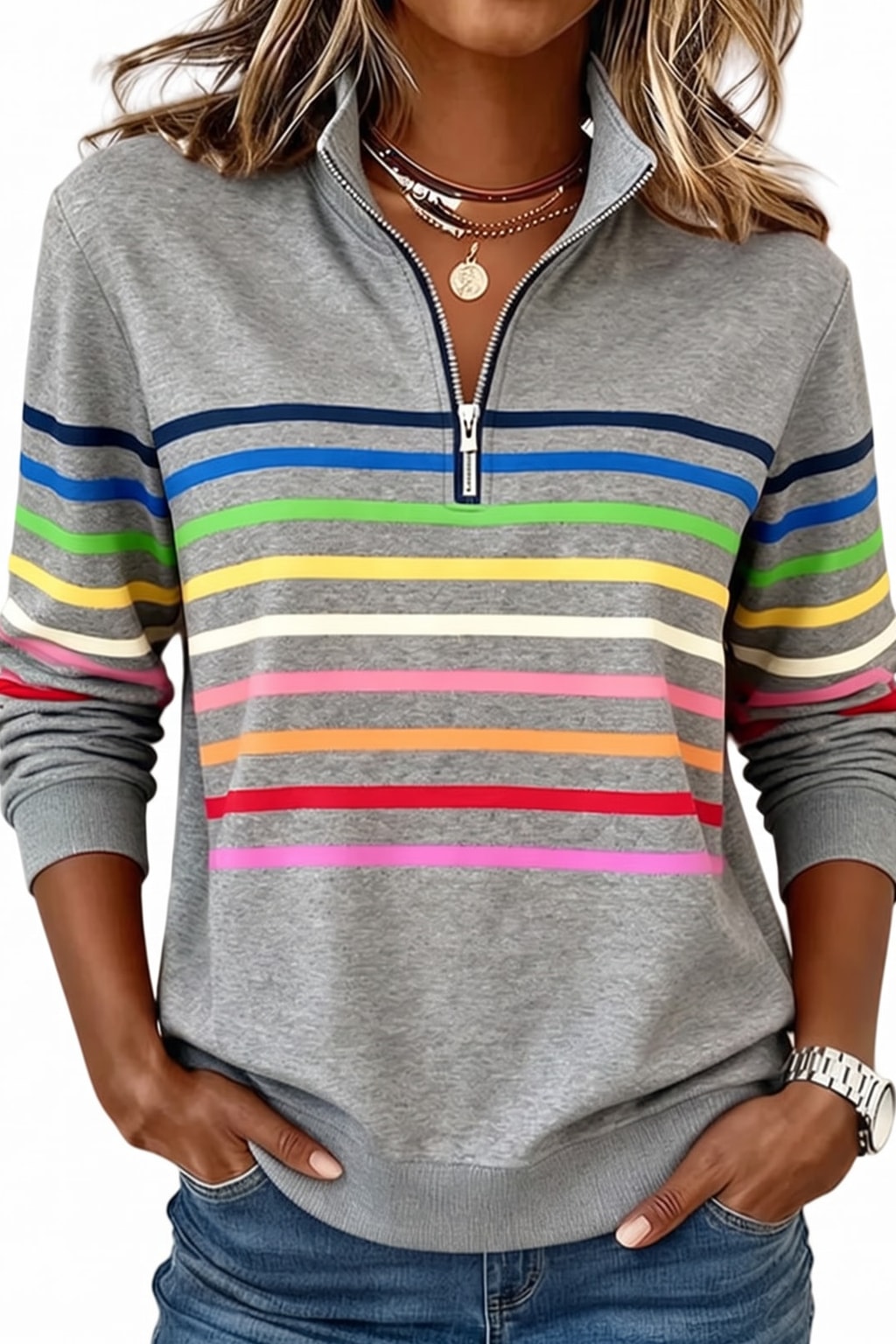 Cozy Knit Quarter-Zip Pullover with Striped Bands - 2