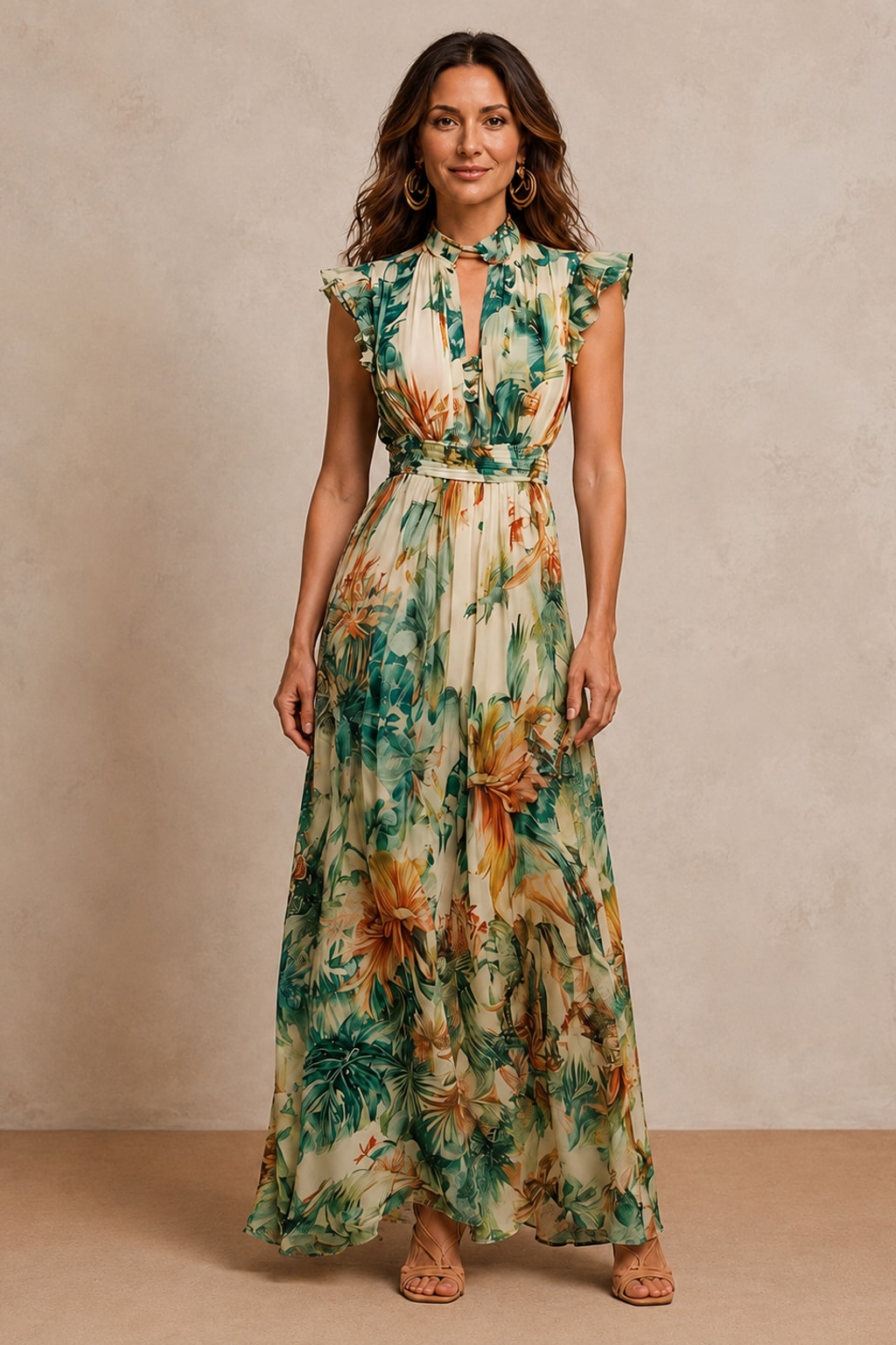 Green Botanical Chiffon Maxi Dress, Ruffle V-Neck - view 2