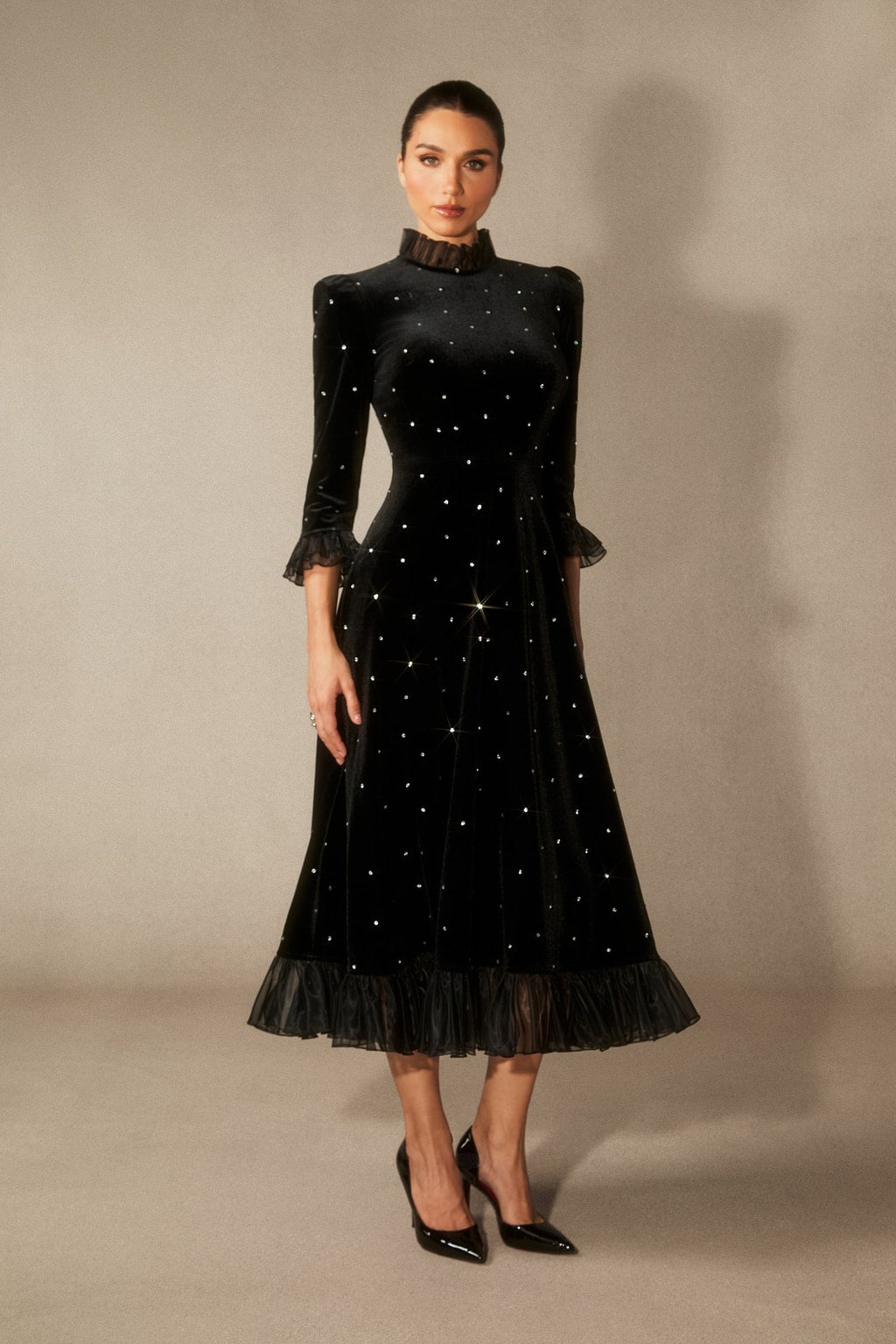 Velvet Diamante Ruffle Maxi Dress - 2