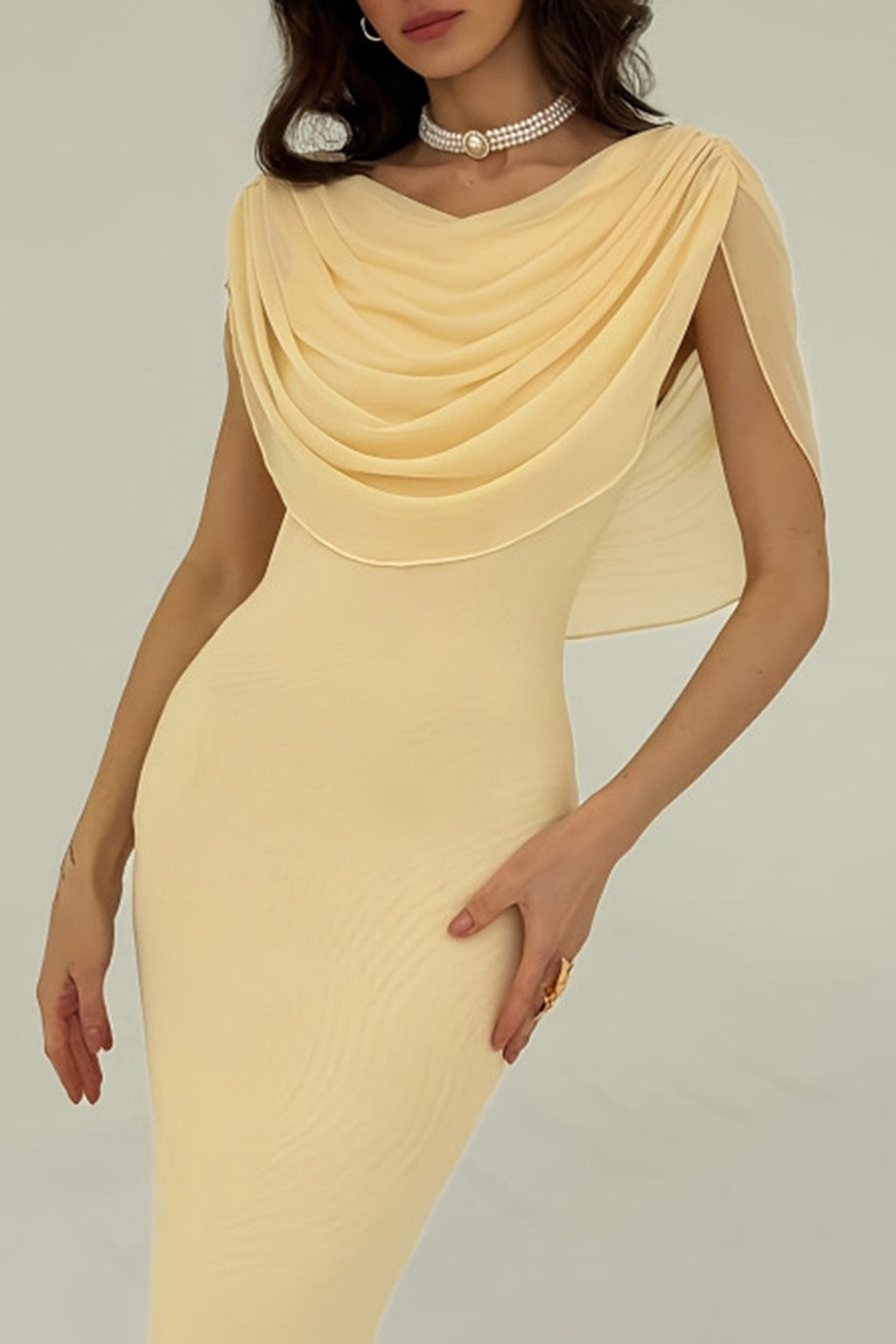 Yellow Cowl Neck Maxi Dress With Pleated Waist - 2