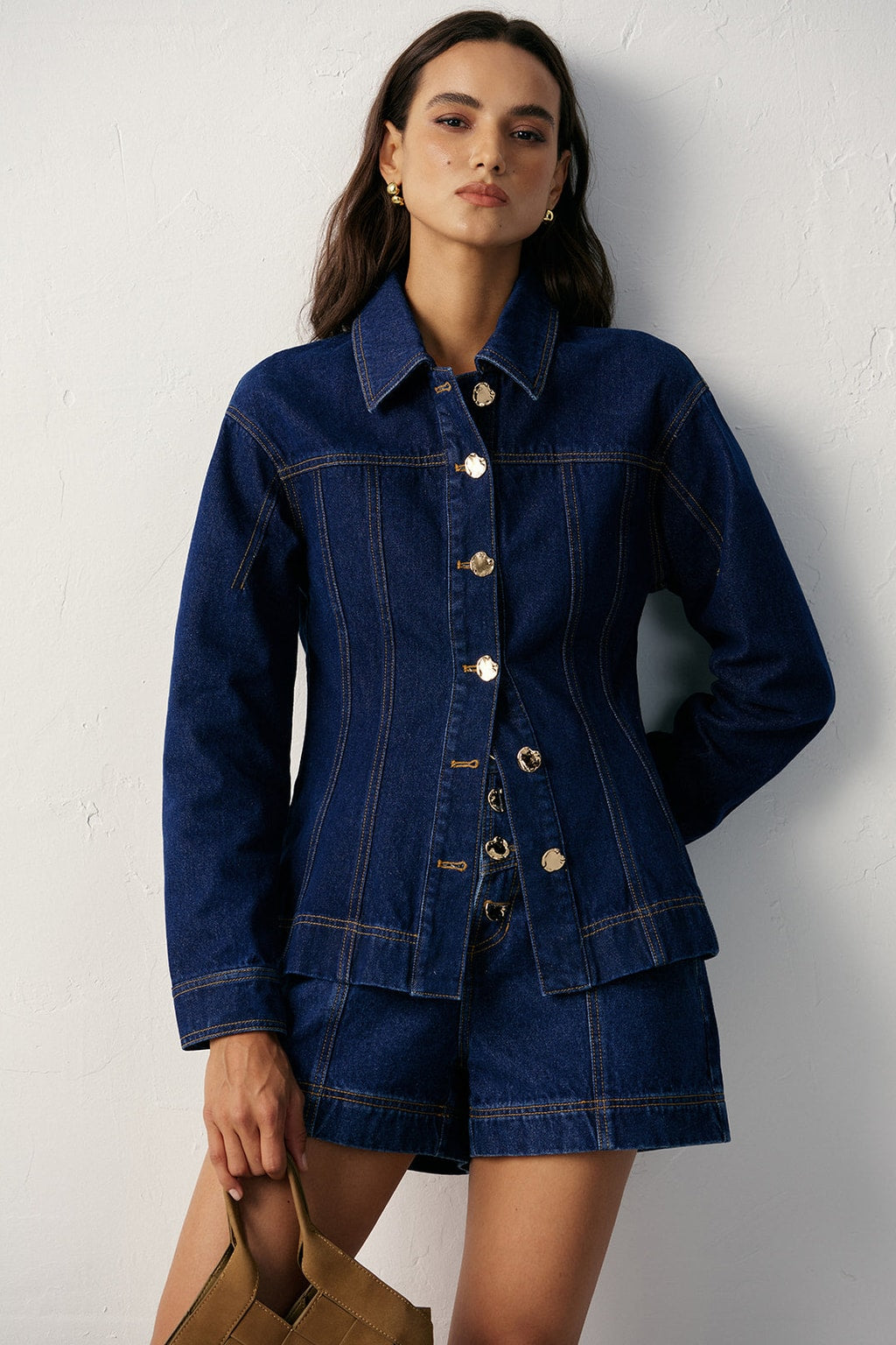 Denim Jacket with Cinched Waist And Metal Buttons - 2