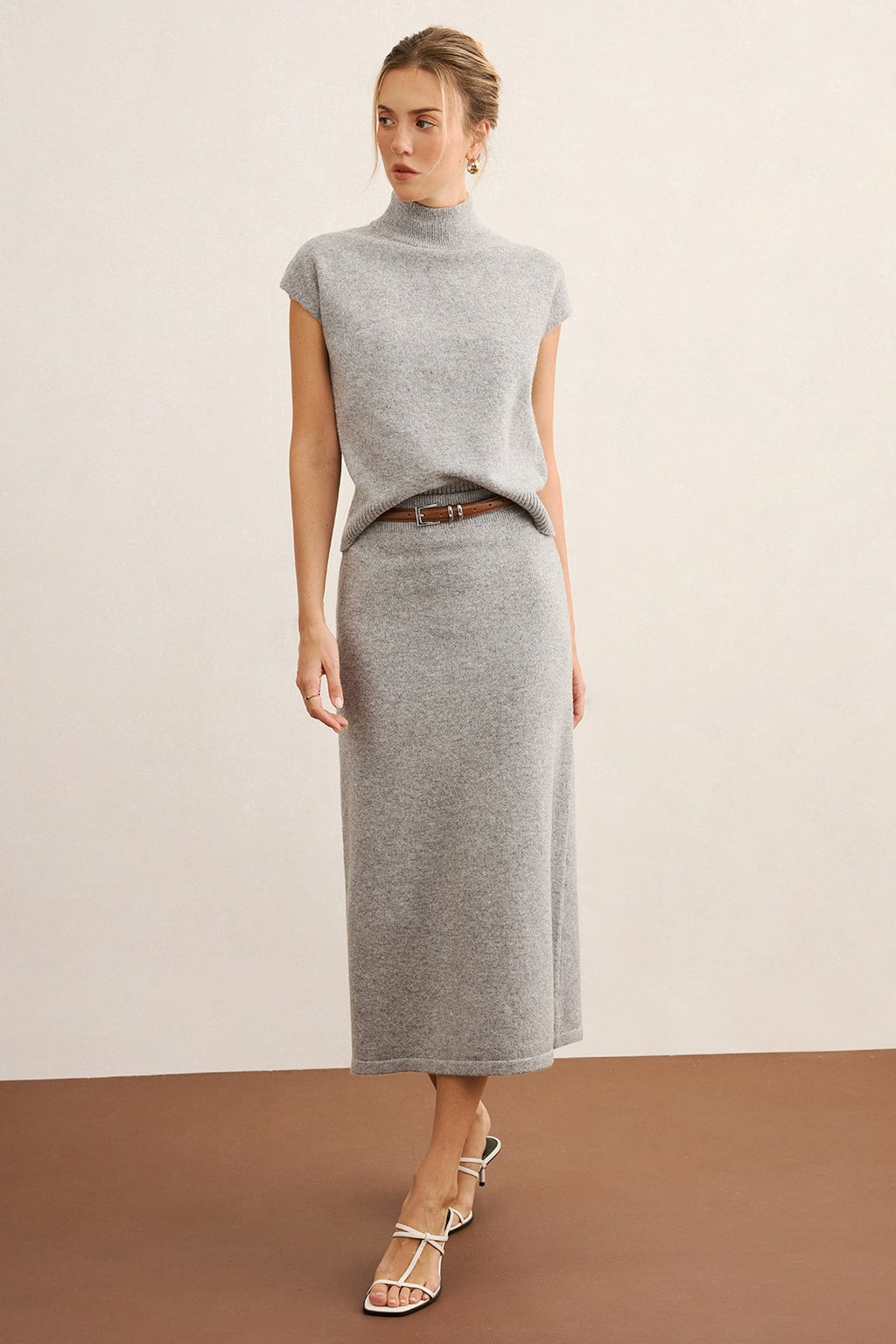 Knit Mock Neck Top And Midi Skirt Set - 2