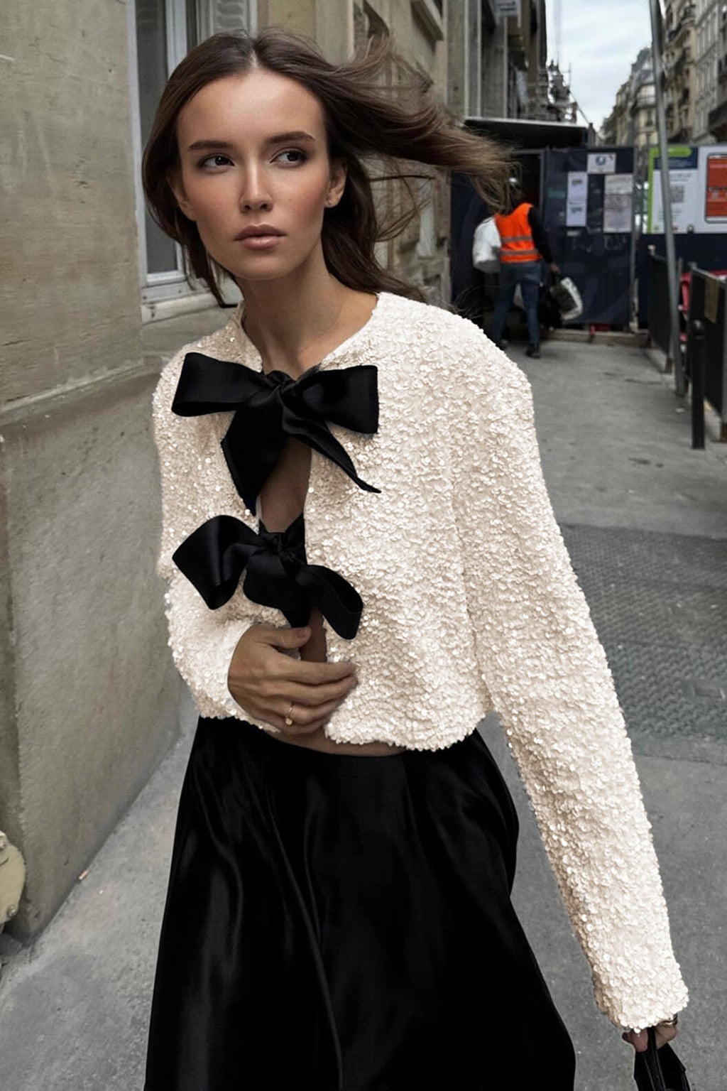 Sequin Velvet Jacket With Bowknot Detail - 2