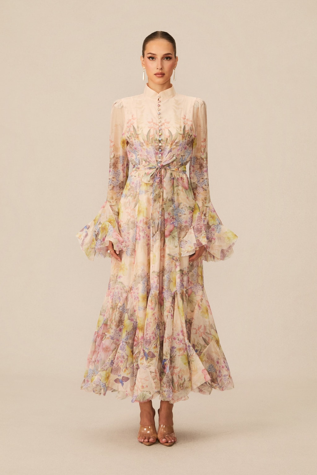 Floral Print Maxi Dress With Ruffle Cuffs And Tie Waist Belt - 2