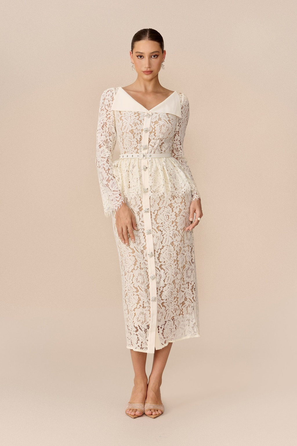 Lace Midi Dress With Belted Lapel Collar - 2