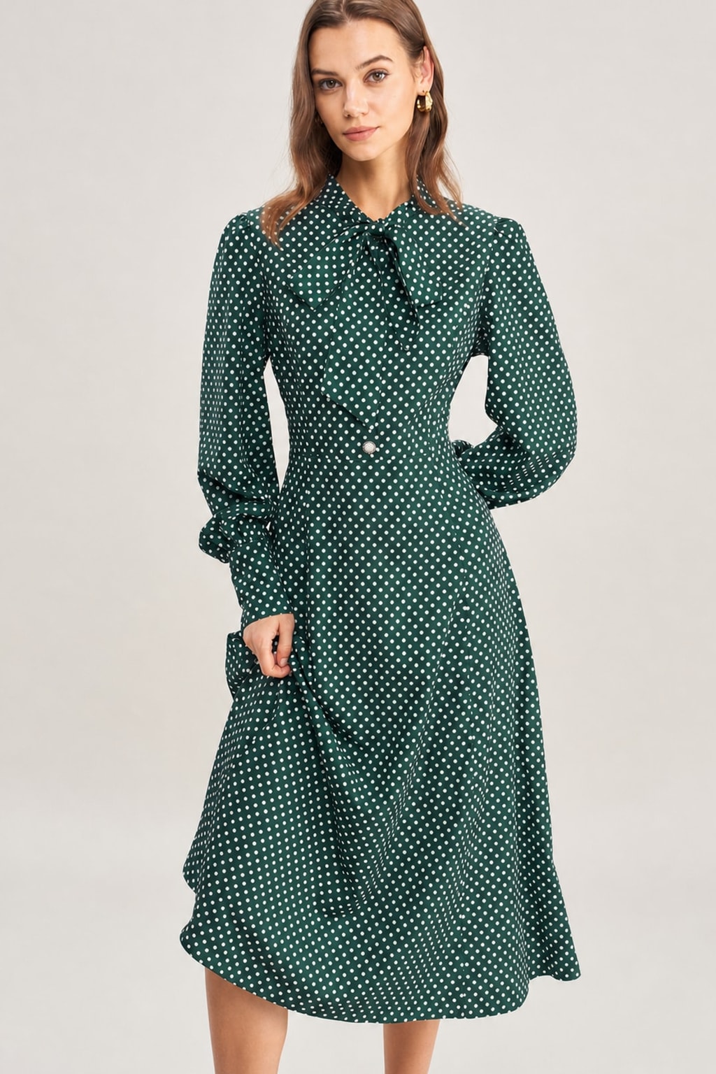 Green Polyester Tie-Neck Midi Dress - 2