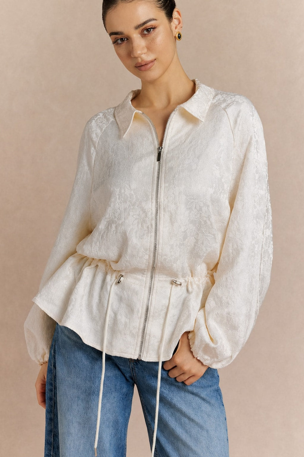 Jacquard Beige Zipper Drawstring Jacket - 2