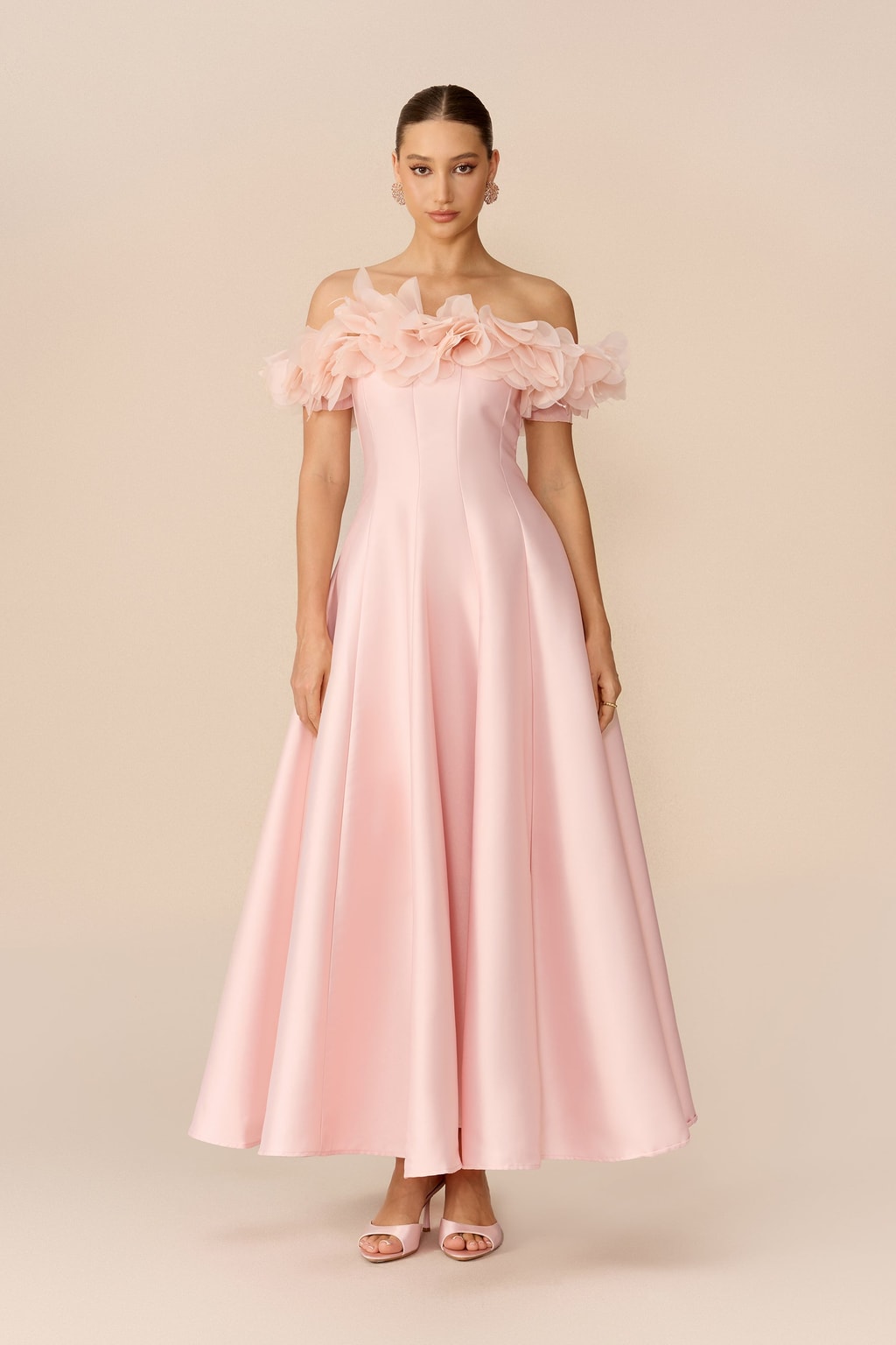 Satin Floral-Trim Off-Shoulder Maxi Dress - 2
