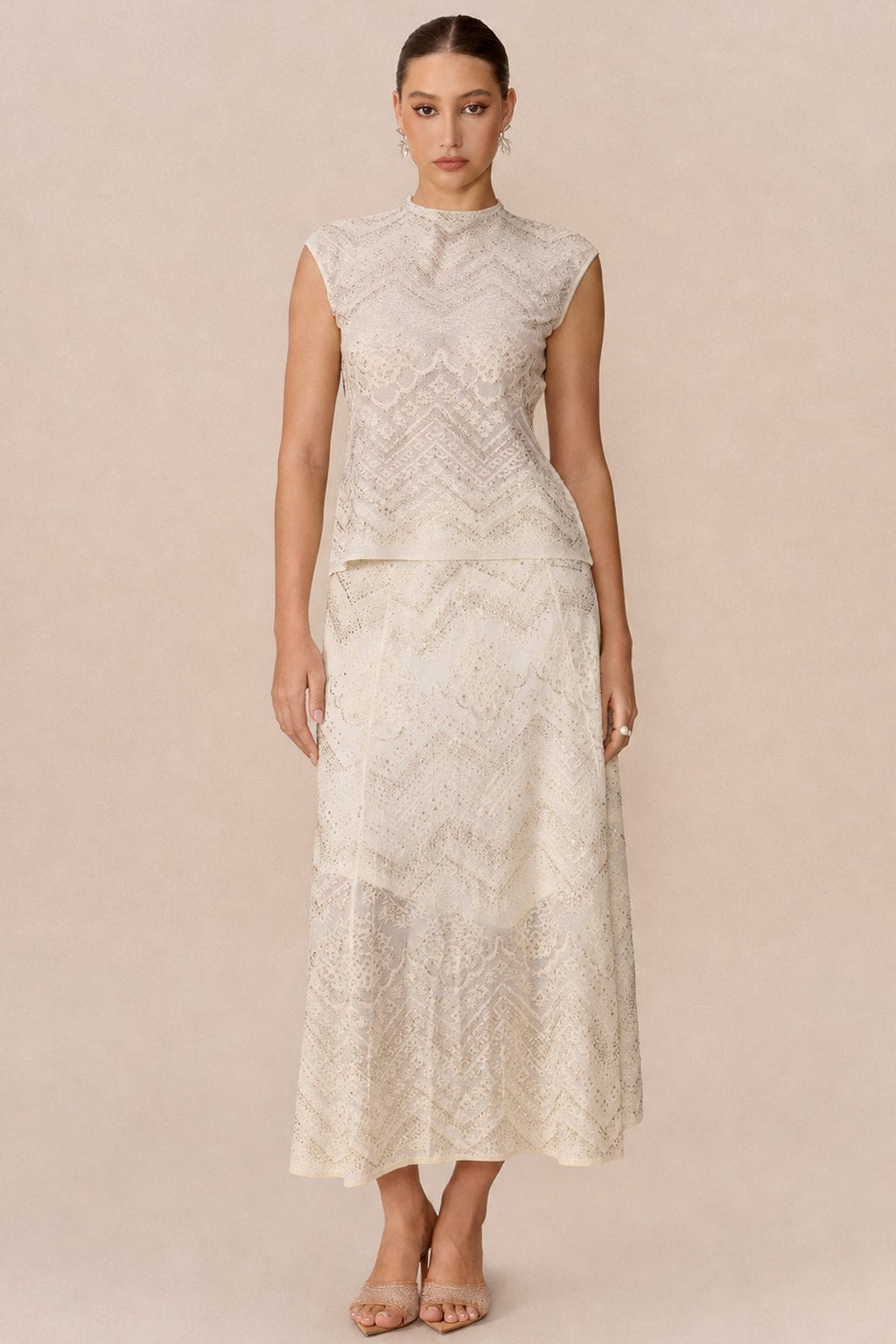 Lace Cropped Top And Flared Skirt Set - 2