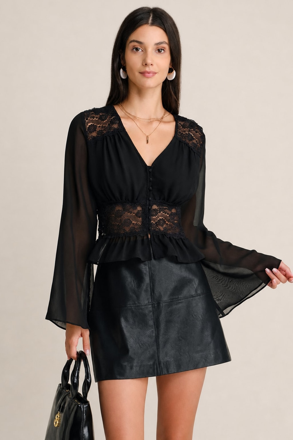 Lace Bell Sleeve Cut-Out Blouse - 2