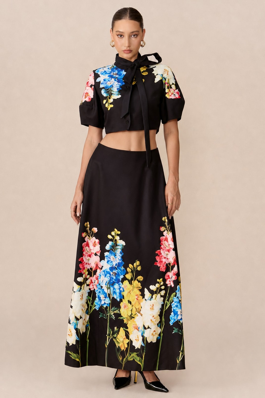 Floral Print Tie Neck Crop Top And Skirt Set - 2