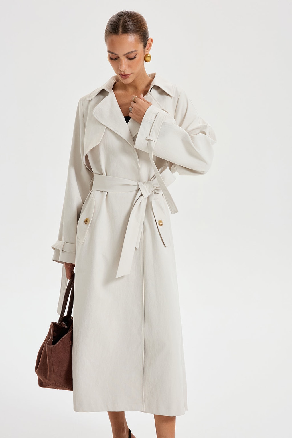 Woven Trench Coat With Belted Double-Breasted Front - 2