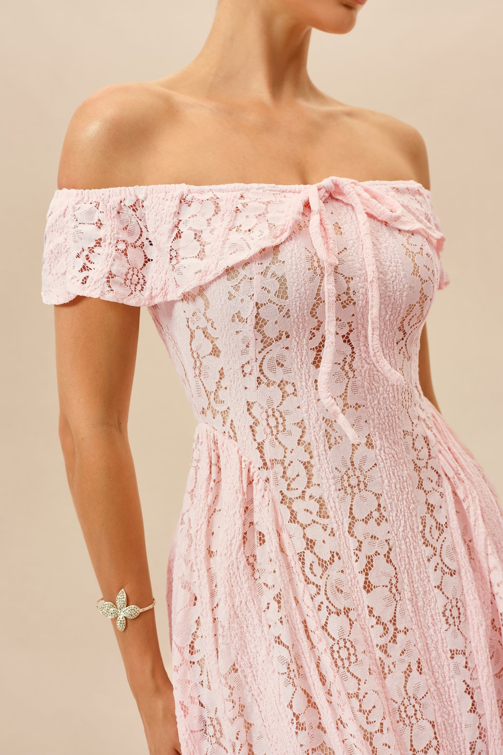 Off Shoulder Floral Lace Midi Dress With Flattering Fit - 3
