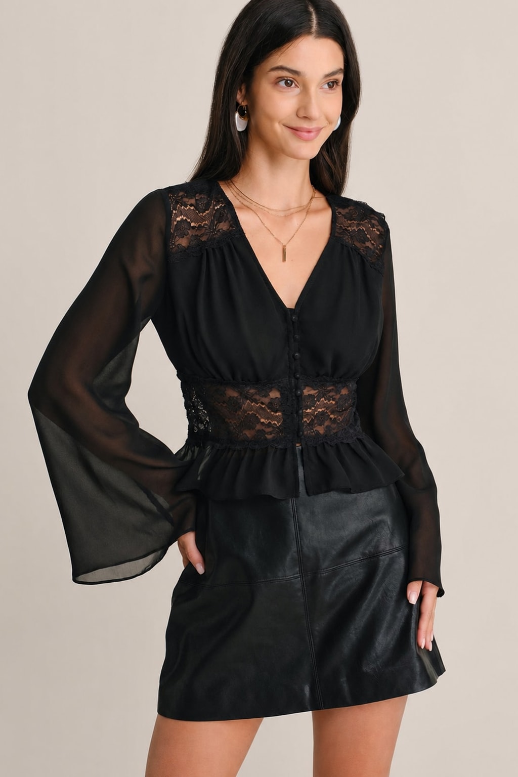 Lace Bell Sleeve Cut-Out Blouse - 3