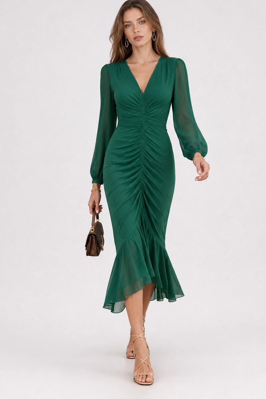 Elegant Satin Mermaid Maxi Dress With Long Sleeves - 3