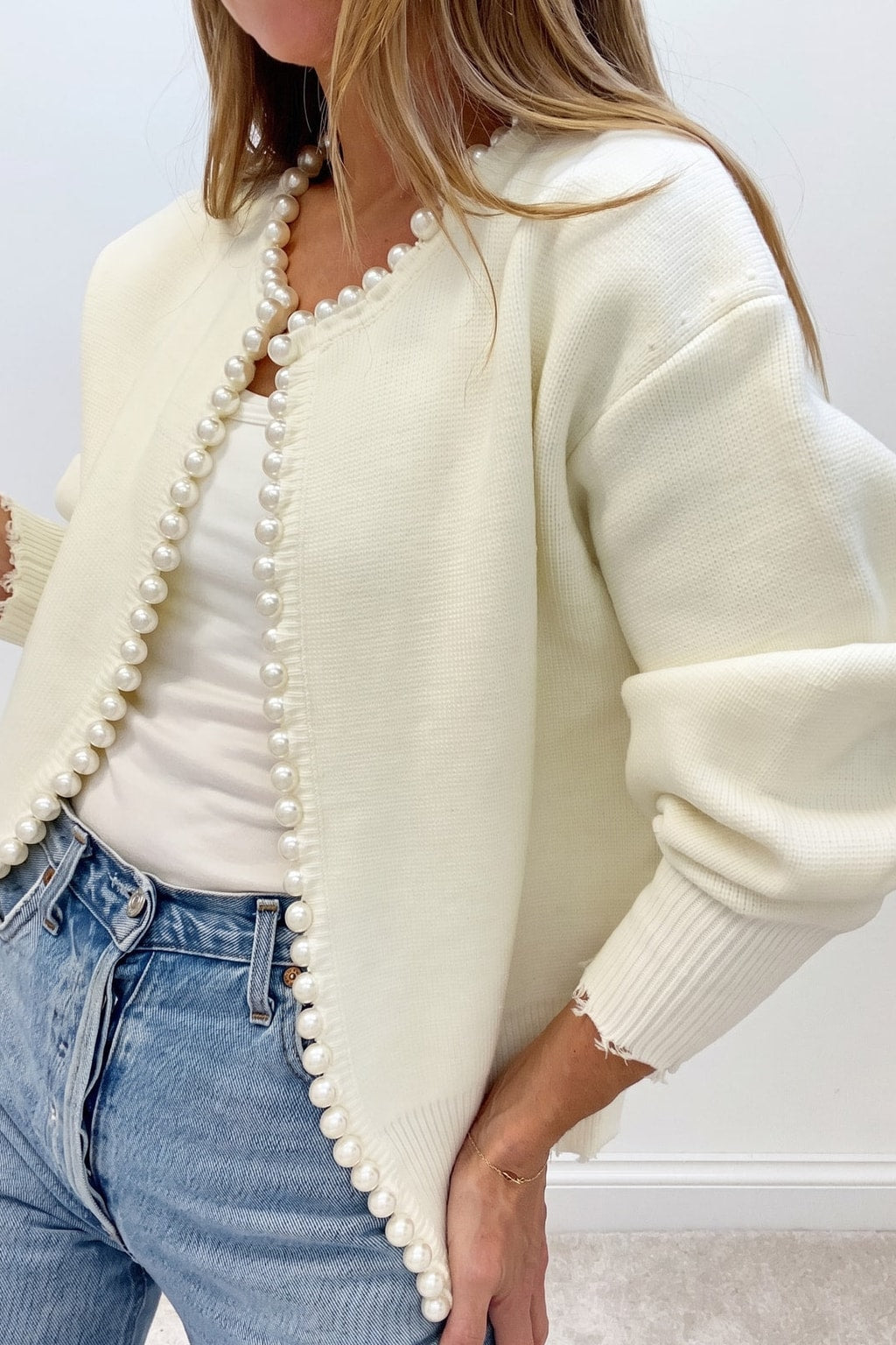 White Knit Cardigan With Pearl Trim - 3