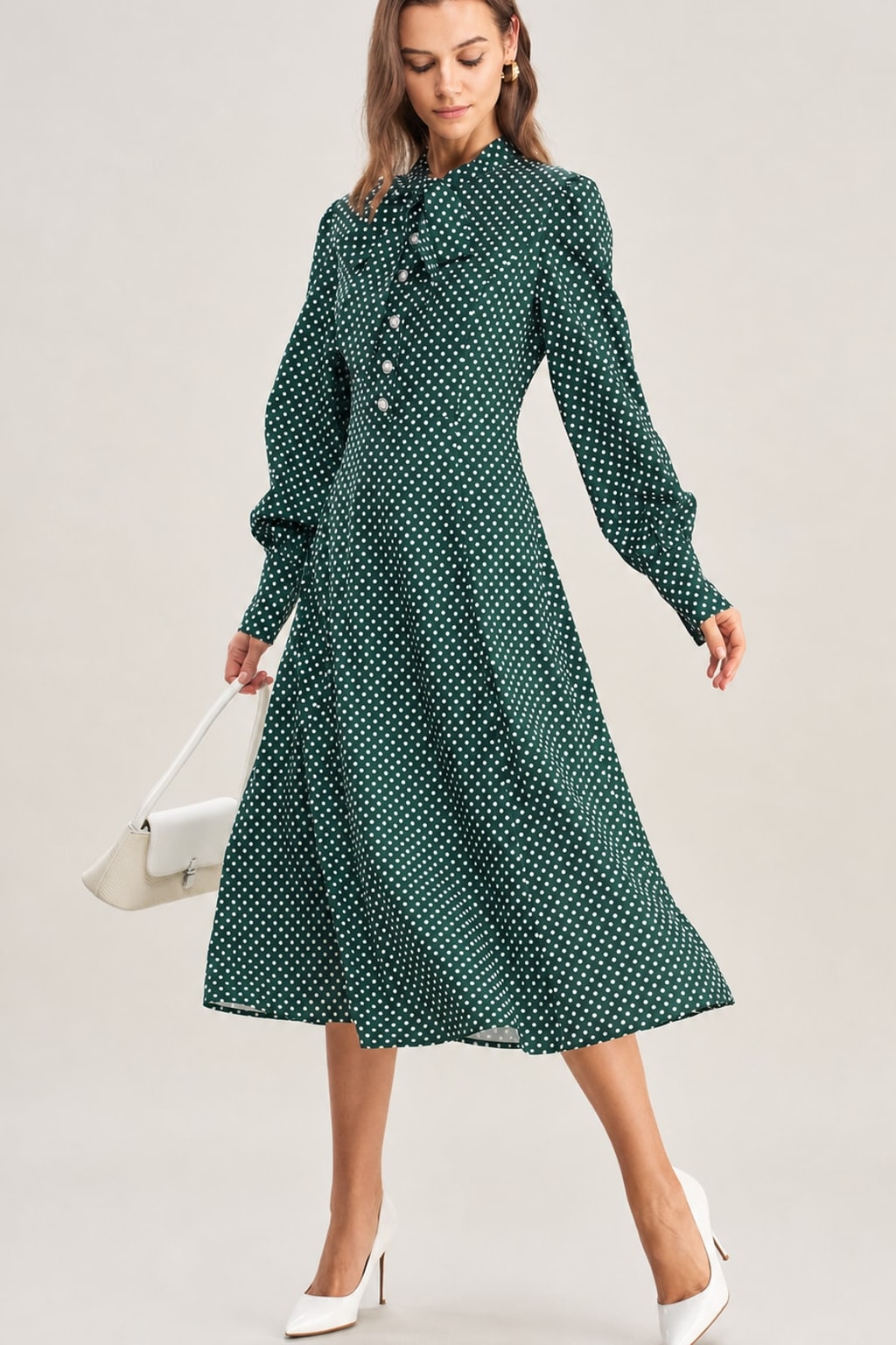 Green Polyester Tie-Neck Midi Dress - 3